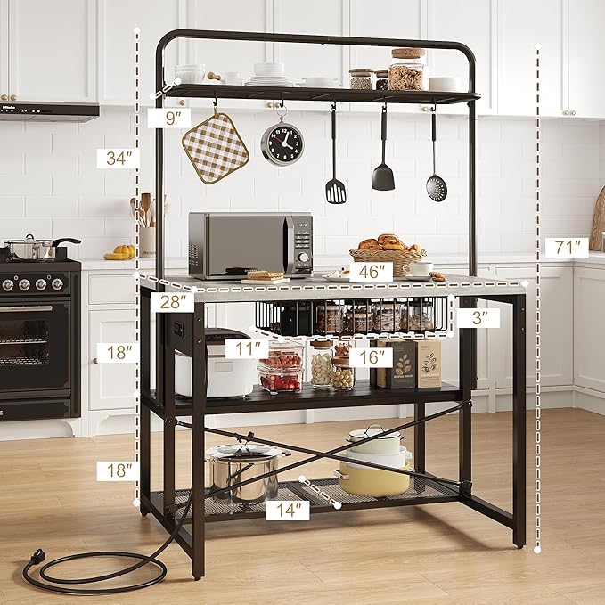46" Large Kitchen Island Table Baker Rack with Power Outlet and 3-Tier Storage-Microwave Stand Oven Shelf, Metal Coffee Bar Table,Kitchen Storage Shelf for Dining Living Room, 5 Hooks,Grey