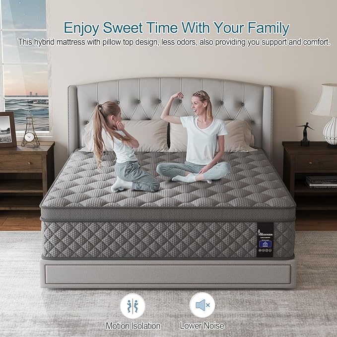 Queen Mattress, 12 Inch Hybrid Mattresses Grey, Euro Top Medium Firm for Back & Lumbar Support, 100 Night Trial, Individual Pocket Spring for Motion Isolation & Pressure Relief