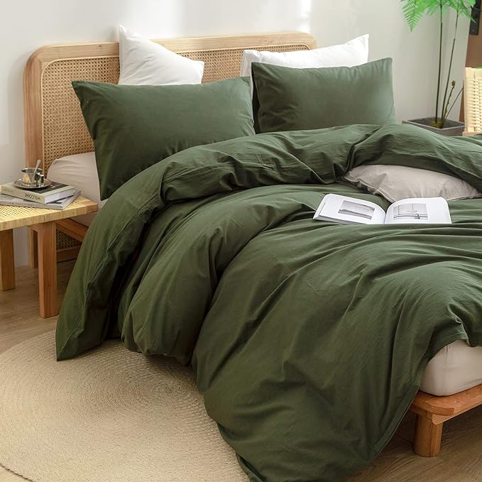 BESTOUCH Duvet Cover Set 100% Washed Cotton Linen Feel Super Soft Comfortable Chic Lightweight 3 PCs Home Bedding Set Solid Olive Green Oversized Queen