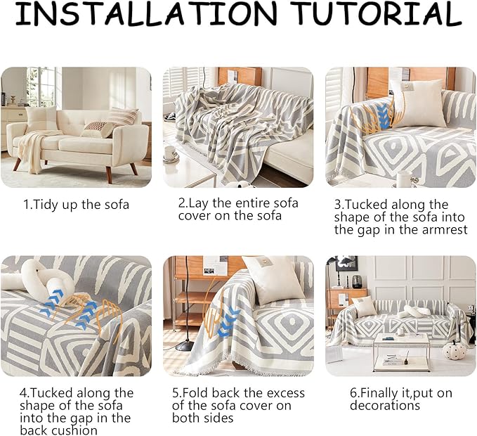 HANDONTIME Grey Sofa Cushion Covers Boho Couch Sofa Covers Dog Couch Cover for Sofa Chenille Couch Sofa Slipcover for Pets Sofa Cover Thick Washable Sectional Slip Covers for Sofas/Couches 71" X134"