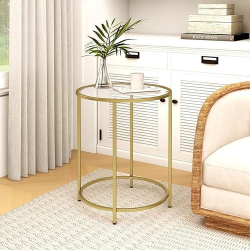 19.7’’ Round Glass End Table, Round Bedside Table with Tempered Glass Top, Gold Glass Side Table with Metal Frame, Modern Round End Table for Living Room Balcony Bedroom Porch Patio