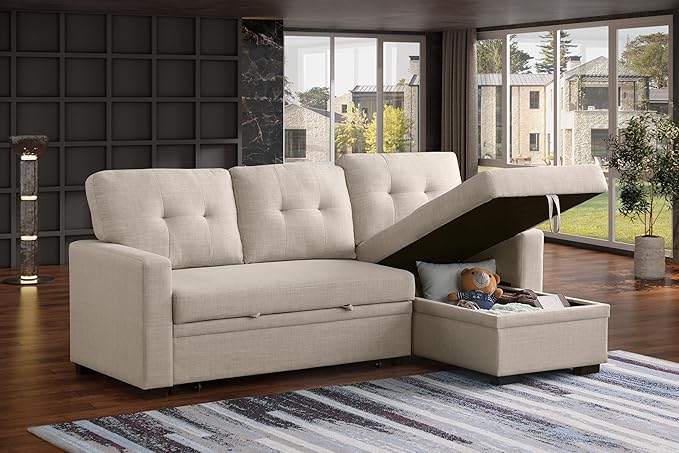 Devion Furniture Garisa 4-in-1 Convertible L Shaped Couch with Pull Out Bed and Storage, Sectional Sleeper Sofa with Reversible Chaise for Living Room, Apartment, Bedroom, Office