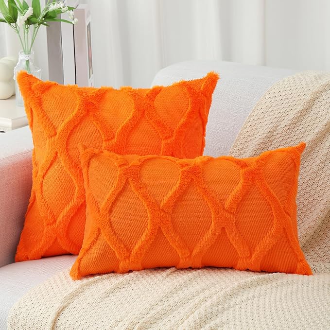 decorUhome Fall Throw Pillow Covers 20x20 Inch Set of 2, Soft Plush Faux Fur Wool Orange Couch Pillow Covers, Decorative Neutral Pillow Cases for Bed Sofa Living Room Home Decor