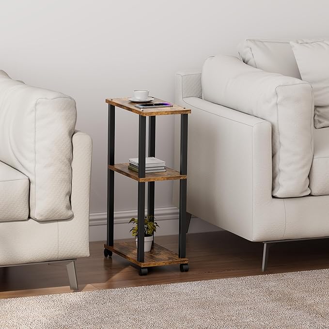 TUTOTAK Small Side Table, Narrow End Table, Bedside Table, Couch Side Table with Wheels for Living Room or Bedroom, Brown TB01BB061