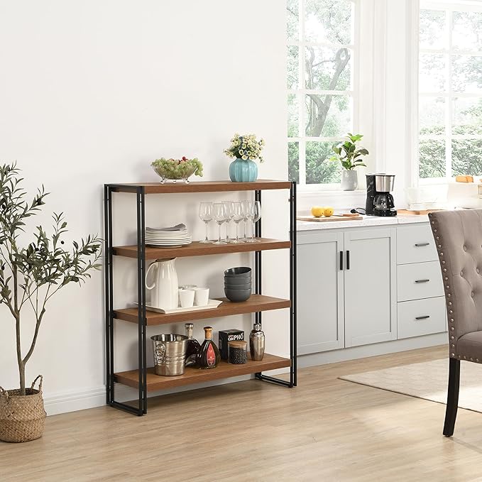 4 Tier Bookshelf Rustic Industrial Bookcase with Modern Open Wood Shelves, Brown