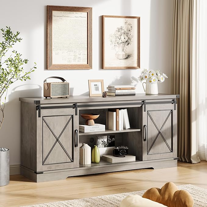 GarveeHome Farmhouse TV Stand for TV up to 65 Inches and Entertainment Center with Sliding Barn Doors and Adjustable Shelf, Tv Media Console Table with Storage Cabinet for Living Room, Bedroom, Grey