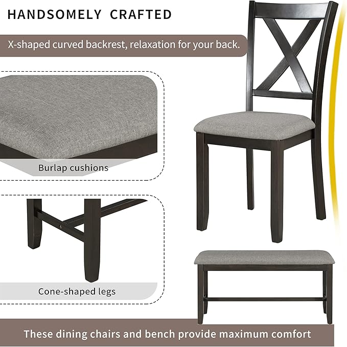 Ball & Cast 6 Piece Dining Table Set with 4 "X-Shaped Curved Backres Fabric Chairs & 1 Bench,Living Room Furniture W/ 60" Rectangle Kitchen Desk,for Restaurant,Home Bistro,Espresso