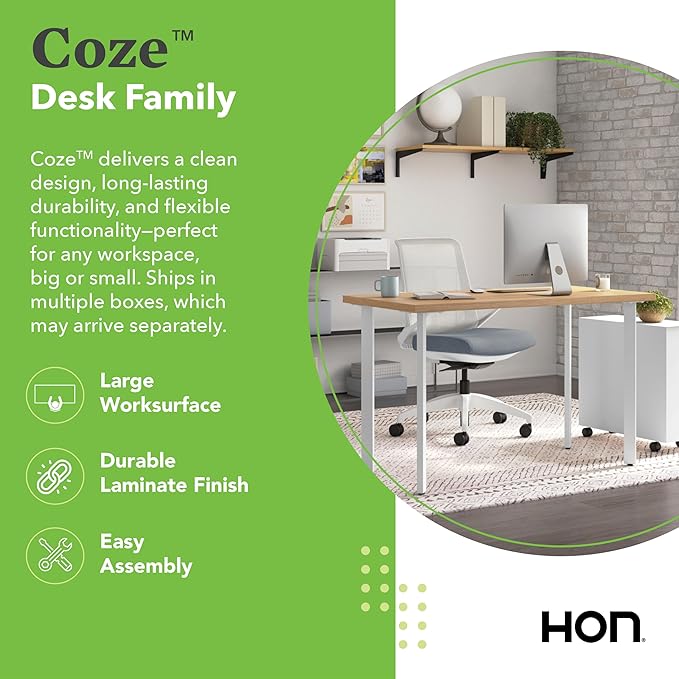 HON Coze Home Office Desks, Sturdy Table Computer Desk, 54", Natural Recon Top, Silver Base