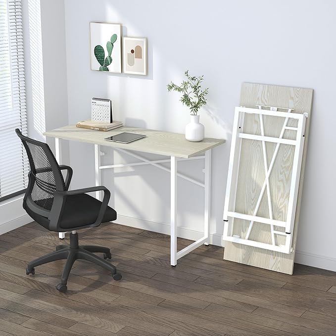47 inch Folding Desk, Writing Gaming Computer Camping Table, No Assembly Required Home Office Desk, Natural and White