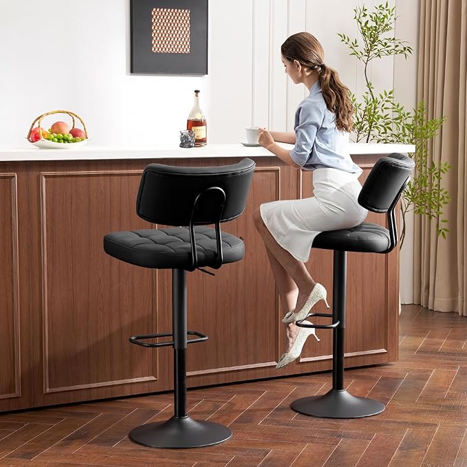 Furniliving Upholstered Bar Stools Set of 4, Faux Leather Swivel Bar Stools with Back, Adjustable Counter Height Barstools for Kitchen Island, Dining Space, Black