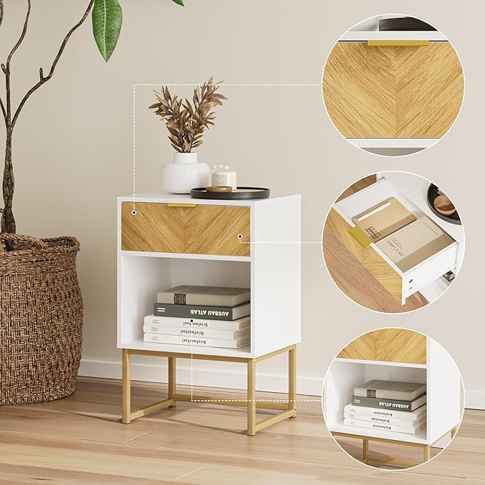 Masupu Nightstand,Modern Night Stand Boho Farmhouse Wood Bedside Table with Storage Drawer Side End Table for Bedroom,Living Room,Office,White