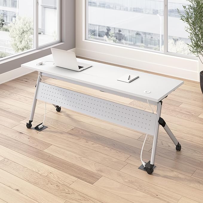 Bush Business Furniture Folding Training Table, 72 inch Desk with Powered Grommets, Commercial-Grade Bundle for Office or Classroom, Envision Collection, White