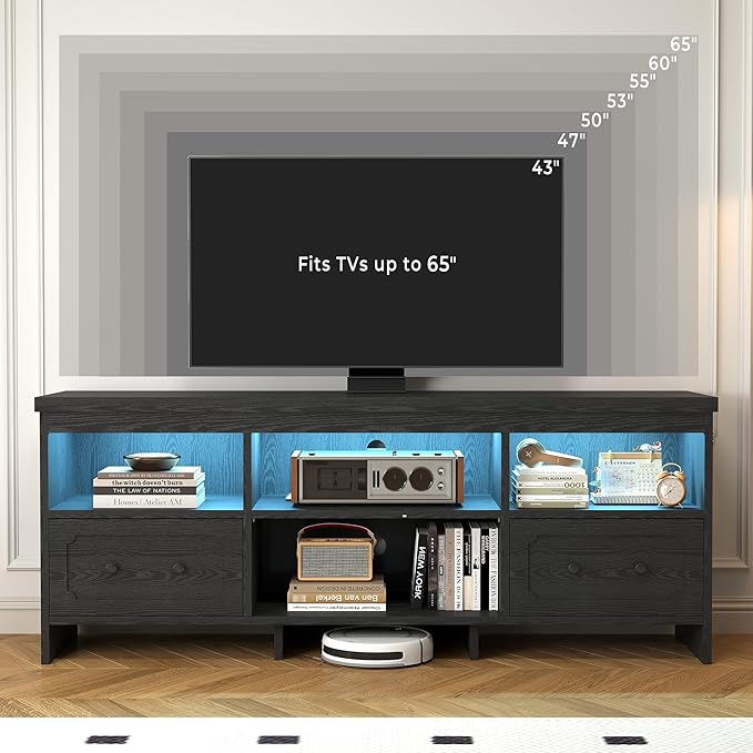 IRONCK TV Stand for 65 Inch TV, 63" LED Entertainment Center with Storage Cabinets, Power Outlets and Open Shelf, Media Console TV Cabinet with Drawers for Living Room, Black