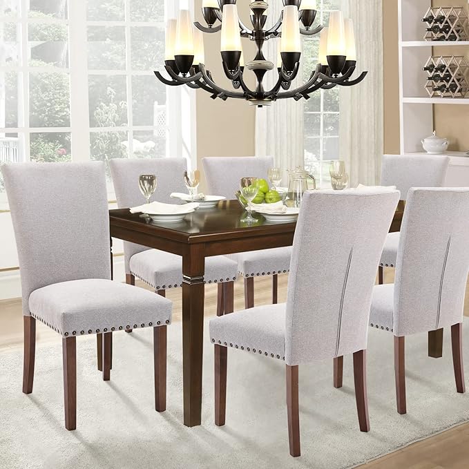 Parsons Dining Chairs Set of 2, Upholstered Nailhead Dining Room Kitchen Side Chair with Thick Cushions and Wood Legs, Light Grey
