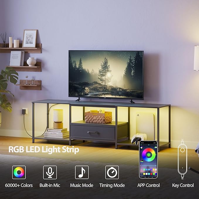 TV Stand with LED Lights, Entertainment Center with Open Shelves and Fabric Drawer, Media Console for 80 Inch TV, Television Stands for Living Room, Bedroom, Black