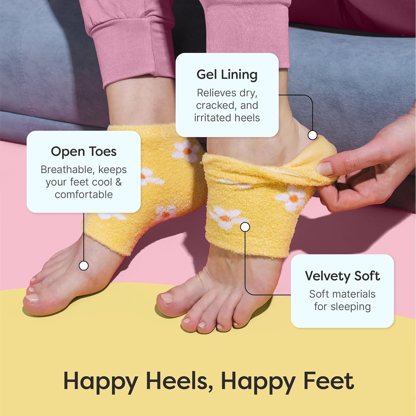 ZenToes Moisturizing Socks for Cracked Heel Treatment - Vitamin E, Olive Oil and Jojoba Oil Infused Heel Socks to Soften and Hydrate (Yellow & White Daisies, Regular)
