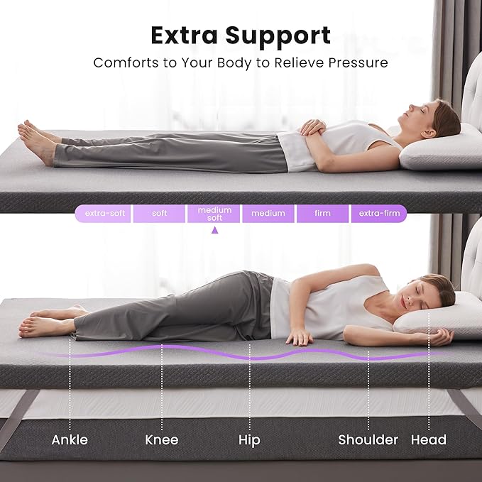 SINWEEK 3 Inch Gel Memory Foam Mattress Topper Queen Size, Pad for Back Pain, Bed Topper with Removable Soft Cover, CertiPUR-US Certified,Grey