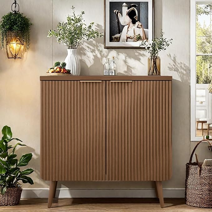 Buffet Cabinet, Sideboard Fluted Cabinet Modern Kitchen Buffet Storage Cabinets with Doors and Shelves, Wood Farmhouse Coffee Bar Station for Entryway & Dining Room & Living Room, Walnut
