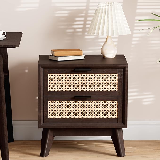 Bme Jasper Deluxe Solid Wood Rattan Nightstand Fully Assembled-Mid Century Modern Side Table with 2 Drawers-Multipurpose use for Living Room, Bedroom-Walnut