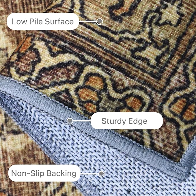 9X12 Area Rugs Machine Washable Rugs for Living Room, Vintage Boho Large Rugs for Bedroom Dining Room, Non Slip Indoor Soft Distressed Lightweight Thin Low Pile Carpet, Rustic Brown