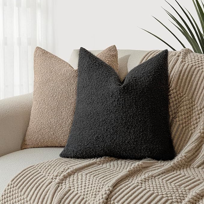 Foindtower Set of 2, Decorative Textured Boucle Throw Pillow Covers Accent Solid Pillow Cases Neutral Soft Cozy Couch Cushion Case for Chair Sofa Bedroom Living Room Home Decor 20 x 20 Inch Black