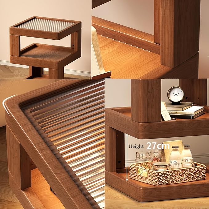 Solid Wood Nightstand,End Tables Bedroom Small Shelf Modern Nightstand Wood Side Table (Walnut Brown-21.3 * 13.8 * 13.8)