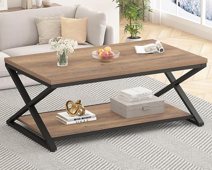 HSH Rustic Wood Coffee Table, Modern Farmhouse Living Room Table, Minimalist Center Table with Storage & Display Shelf, 2 Tier Simple Rectangle Cocktail Tea Table for Home Office Bedroom, 47 Inch