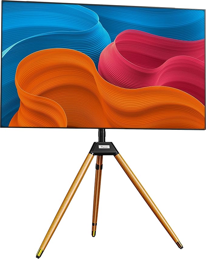 Tripod TV Stand for 32-75 Inch Screen up to 77lbs, Height Adjustable Easel TV Floor Stand with Wood Legs and Cable Ties