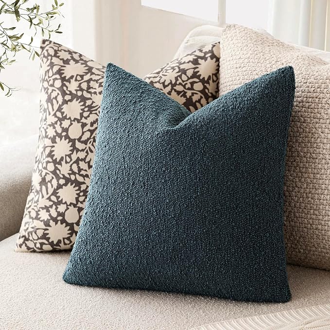 Foindtower Set of 2, Decorative Textured Boucle Throw Pillow Covers Accent Solid Pillow Cases Neutral Couch Cushion Case for Chair Sofa Bedroom Living Room Home Decor 26x26 Inch Dark Blue