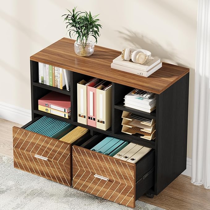 Tribesigns 2-Drawer Wood File Cabinet, Mobile Lateral Filing Cabinet for Hanging Letter Size Files, Printer Stand with Open Storage Shelves for Home Office (Walnut & Black)