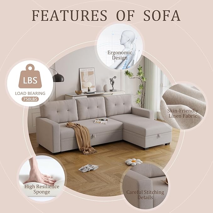 Ball & Cast Convertible Sectional Sleeper Sofa Bed L Shaped 4 in 1 Pull Out Couch with Reversible Storage Chaise & Removable Back Cushions,Sleeper Corner Pull Out Sofa Bed Couch for Living Room,Office
