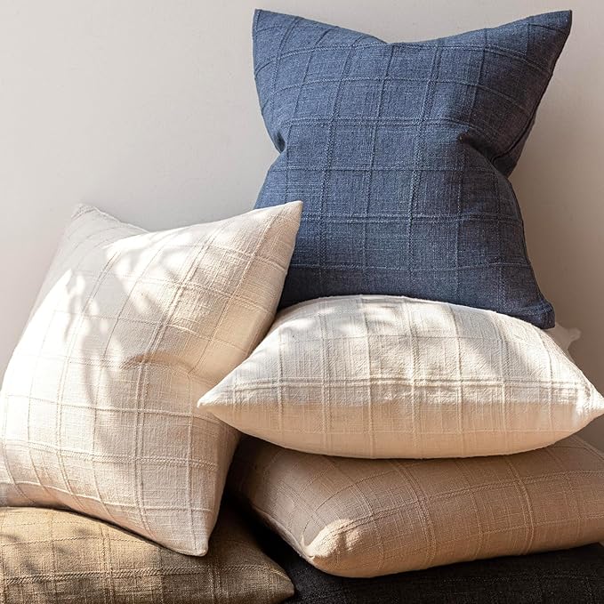 Foindtower Set of 2 Decorative Linen Check Throw Pillow Covers Neutral Farmhouse Vintage Cushion Covers Modern Coastal Boho Home Decor for Sofa Chair Couch Bedroom Living Room Outdoor,20×20 Inch,Blue