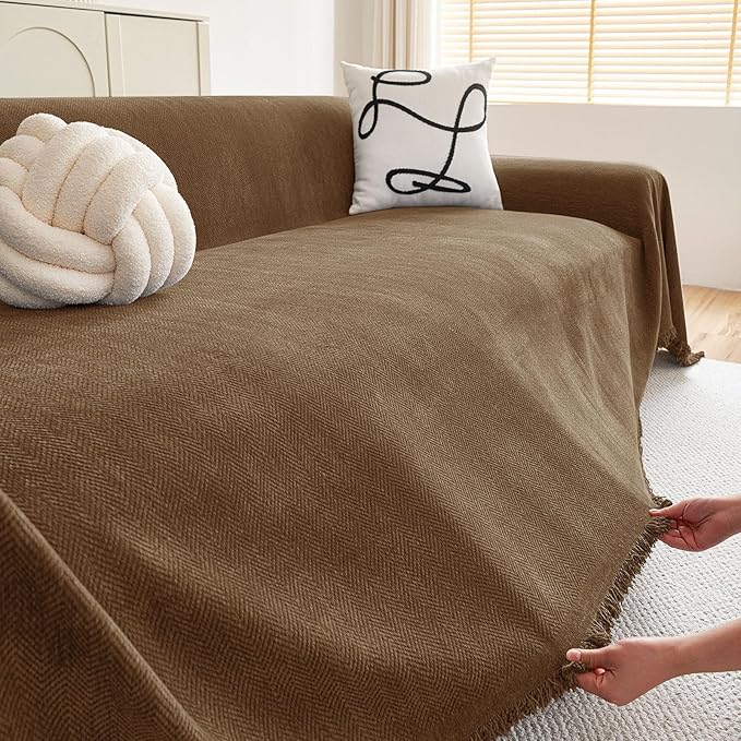 hyha Couch Cover for Dogs, Boho Sofa Covers for 3 Cushion Couch Washable, Chenille Sofa Slipcover for Pets, Soft Loveseat Sectional Couch Throw Blankets with Tassels (Chocolate, 88.5x134 Inch)