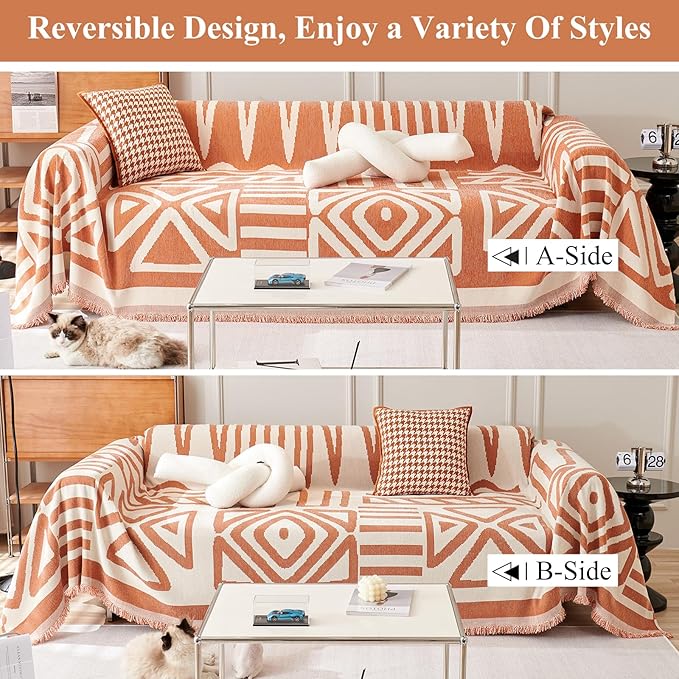 STACYPIK Thick Warm Orange Sofa Cover Armchair Slipcover Boho Geometric Couch Cover for Sectional Sofa Caramel Loveseat Cover Anti-Slip Chenille Couch Protector for 2 Cushion Couch Home Decor-71X102IN