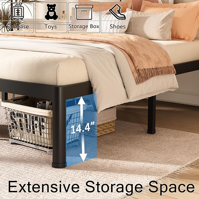 FUIOBYVV Full Size Bed Frame with Round Corner Edge Legs 16 inch Heavy Duty Support 3500 lbs Metal Platform Bed Frame Full No Box Spring Needed/Non-Slip/Steel Slat Support/Noise Free