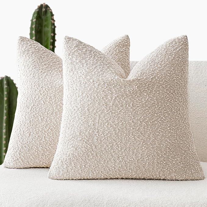 Foindtower Pack of 2, Decorative Textured Boucle Throw Pillow Covers Accent Solid Pillow Cases Cozy Soft Couch Cushion Case for Chair Sofa Bedroom Living Room Home Decor 22 x 22 Inch Ivory Beige