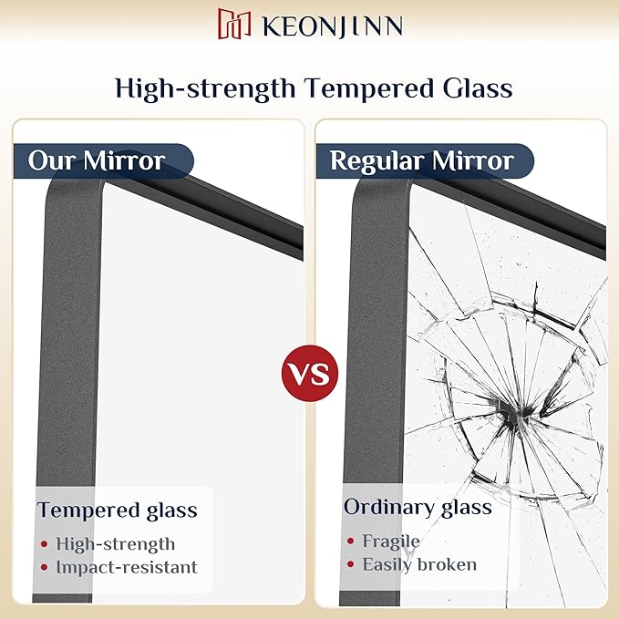 Keonjinn Black Bathroom Mirror for Over Sink, 16 x 20 Inch Rounded Rectangle Bathroom Vanity Mirror, Matte Black Farmhouse Mirror for Wall, HD Tempered Glass, Seamless Aluminum Alloy Frame Mirror