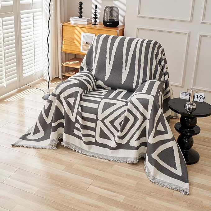 STACYPIK Thick Chenille Boho Sofa Cover Dark Grey Jacquard Geometric Sofa Cover for 1 Cushion Couch L Shape Cover Dog Sofa Protector Non Slip Pet Protector Covers Reversible Sofa Covers-71X71IN