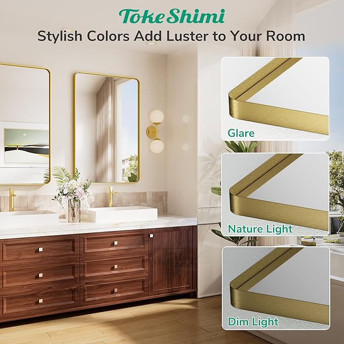 TokeShimi 48x24 Brushed Gold Bathroom Mirror for Over Sink,Bathroom Mirror Rectangle with Tempered Glass,Vanity Mirror with Aluminum Frame(Horizontal/Vertical)