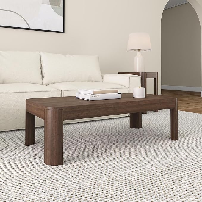 Plank+Beam Modern Rounded Coffee Table, 48 Inch, Solid Wood Contemporary Center Table for Living Room, Rectangle Tea Table, Walnut