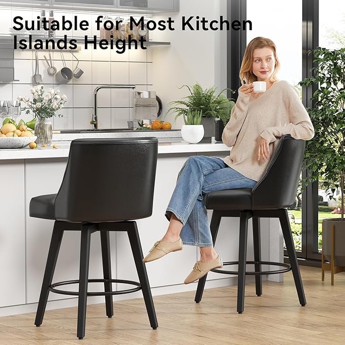 Vipbear Swivel Counter Height Bar Stools Set of 4,26.8" H Counter Stools with Back, Mid Century Modern Bar Stools for Kitchen Island,Faux Leather,Wooden Base, Black