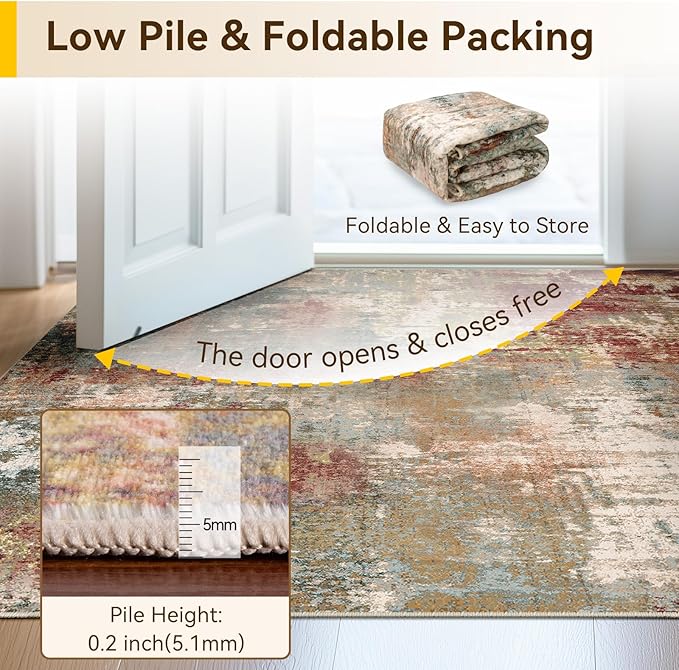 Washable Area Rugs 6'x9' Non-Slip Modern Abstract Soft for Living Room Entryway Bedroom Nursery, Print Pattern, Brown Rust Red Multi