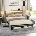 Queen Size Bed Frame with Storage Headboard and 4 Drawers LED Lighting Sturdy Metal Slat Support Non-Slip Noise-Free Platform No Box Spring Needed Greige