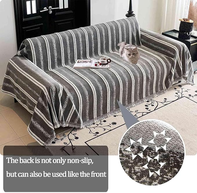 Couch Cover for Dogs Washable Sofa Cover, Sectional Couch Covers, Sofa Covers for 2 Cushion Couch, Non Slip Stripe Sofa Slipcovers Furniture Protector, Couch Protector from Cat Claws, Grey,75''x118''