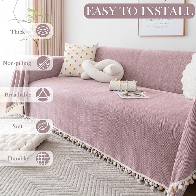 HANDONTIME Boho Chenille Sofa Cover for 3 Cushion Couch - Pink-Purple Tassel Throw for Dogs, Mauve, 91" X 118"