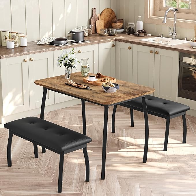 3 Piece Farmhouse Dining Table Set for 4, Compact Rustic Kitchen Table with 2 Padded Benches, Space Saving Breakfast Nook Furniture Set for Small Spaces, Apartments, Vintage