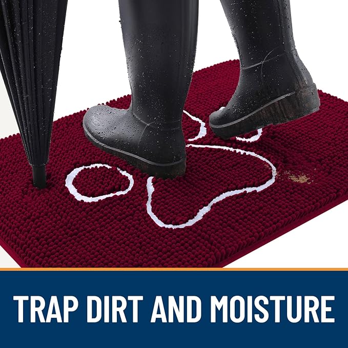 OLANLY Door Mat for Muddy Dog Paws 40x32, Ultra Absorbent Chenille Mud Doormat with Paw Print Design, Non-Slip Washable Doormat for Indoor Entryway, Quick-Dry Pet Bed Mats for Dirty Dogs, Burgundy