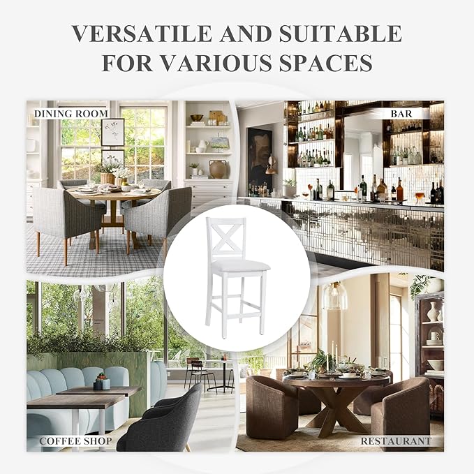 COLAMY Counter Height Bar Stools Set of 4, Kitchen Island Stools with Cross Back, Upholstered Counter Stools with Wood Legs, Modern Wooden Bar Stools for Kitchen Dining Room Bar, Grey White Wash