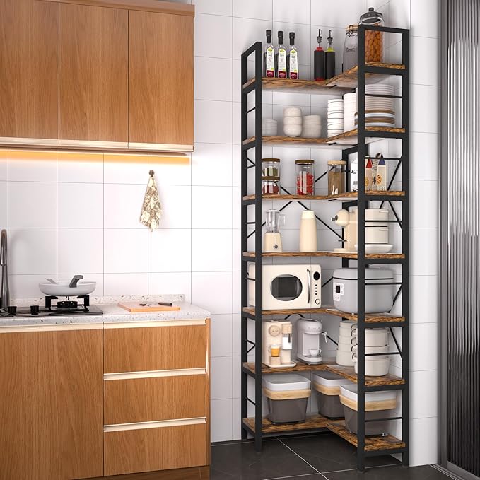 7-Tier Corner Bookshelf, Reversible Wooden Shelves, Industrial Bookcase with Open Shelves and Sturdy Metal Frame, Display Shelf Storage Rack for Living Room, Bedroom, Home Office (Rustic Brown)