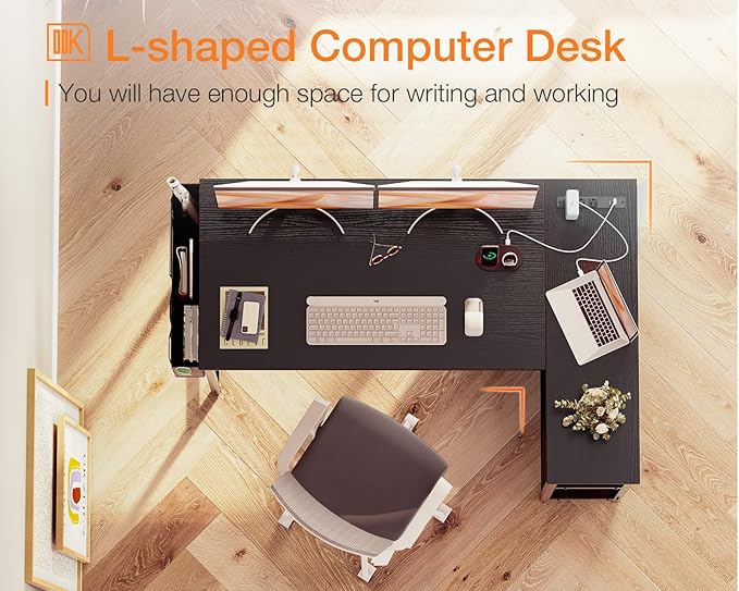 ODK 48 Inch Small L Shaped Gaming Computer Desk with Power Outlets, Reversible Storage Shelves & PC Stand for Home Office, Simple Writing Study Table with Storage Bag for Small Space, Black